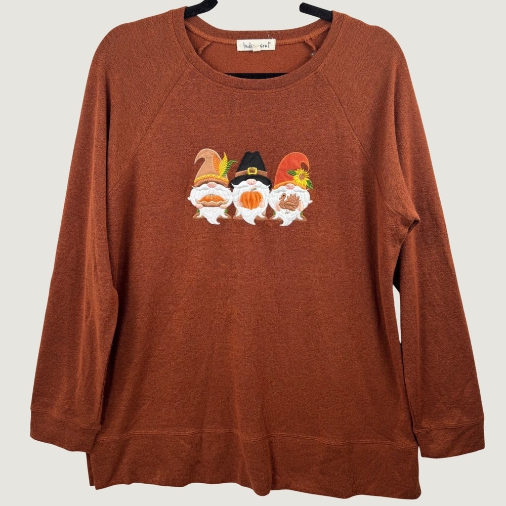 Indigo Soul Sweater Women L Rust Orange Thanksgiving Gnomes Embroidered Fall Top
